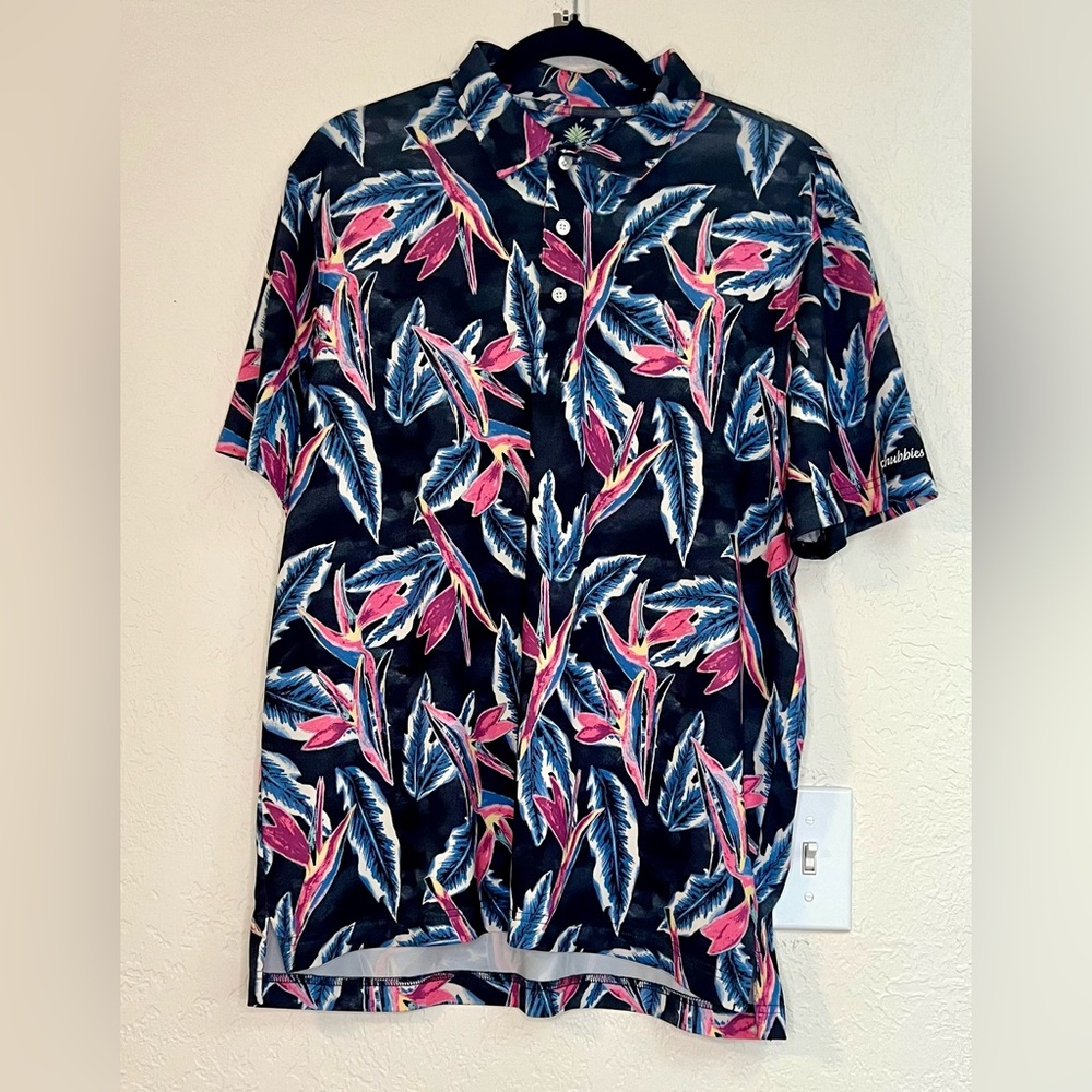 Chubbies Performance Polo Black Blue Pink Bird of Paradise Size Medium